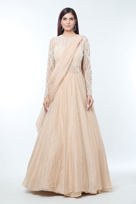 Vivek Patel_Beige Silk Organza Beads, Diamonds, Embellished Blouse With Lehenga Saree _Online_at_Aza_Fashions
