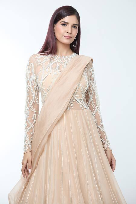 Shop_Vivek Patel_Beige Silk Organza Beads, Diamonds, Embellished Blouse With Lehenga Saree _Online_at_Aza_Fashions