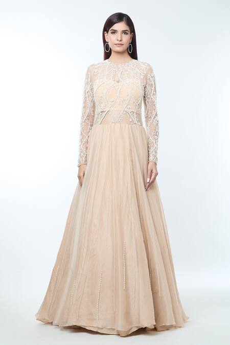 Vivek Patel_Beige Silk Organza Beads, Diamonds, Embellished Blouse With Lehenga Saree _at_Aza_Fashions