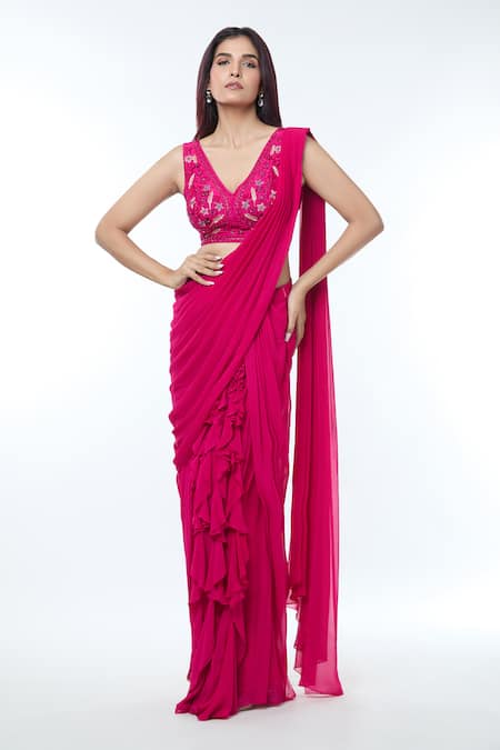 Vivek Patel Fuchsia Georgette Embellished Ruffle Detailed Pre-draped Saree With Blouse 