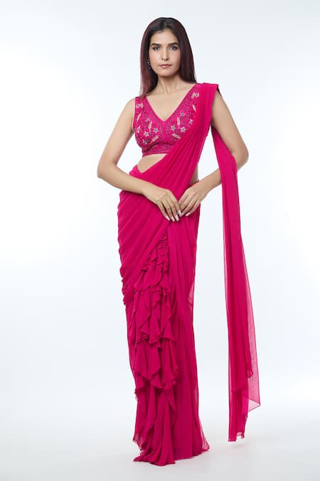 Vivek Patel_Fuchsia Georgette, Silk Ruffle Detailed Pre-draped Saree With Embellished Blouse _Online_at_Aza_Fashions