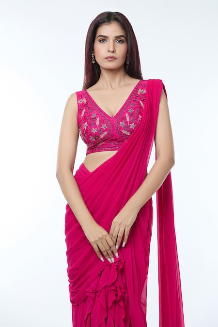 Buy_Vivek Patel_Fuchsia Georgette, Silk Ruffle Detailed Pre-draped Saree With Embellished Blouse _Online_at_Aza_Fashions