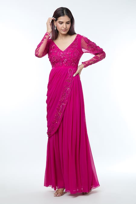 Vivek Patel Fuchsia Georgette Embellished Cut Flower V Pre-draped Saree Gown 