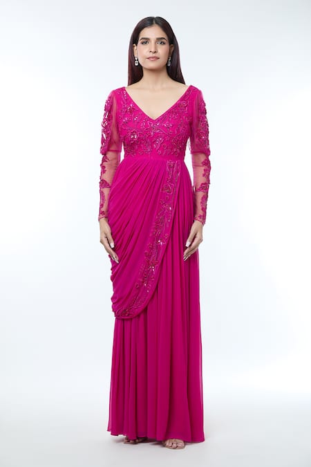 Vivek Patel_Fuchsia Georgette Sequins, Beads, Cut Work Embellished Pre-draped Saree Gown _Online_at_Aza_Fashions