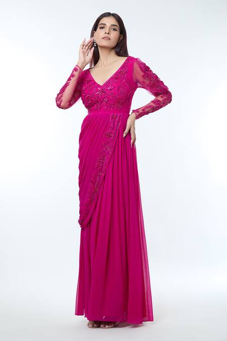 Buy_Vivek Patel_Fuchsia Georgette Sequins, Beads, Cut Work Embellished Pre-draped Saree Gown _Online_at_Aza_Fashions