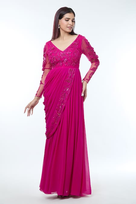 Shop_Vivek Patel_Fuchsia Georgette Sequins, Beads, Cut Work Embellished Pre-draped Saree Gown _Online_at_Aza_Fashions
