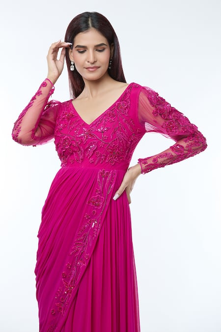 Vivek Patel_Fuchsia Georgette Sequins, Beads, Cut Work Embellished Pre-draped Saree Gown _at_Aza_Fashions