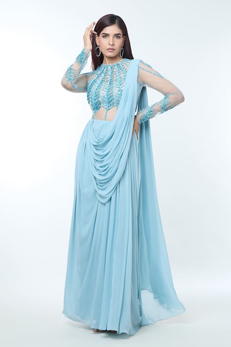 Vivek Patel Blue Georgette Embellished Cut Flower V Cut-work Pre-draped Saree Gown 