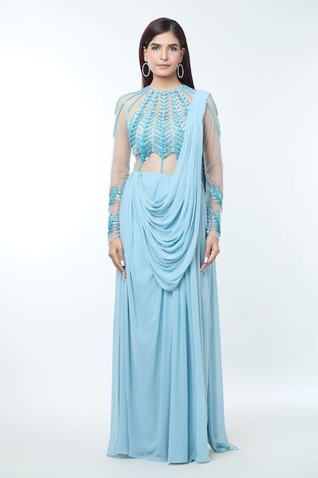 Vivek Patel_Blue Georgette Sequins, Beads, Cut Cut-work Embellished Pre-draped Saree Gown _Online_at_Aza_Fashions