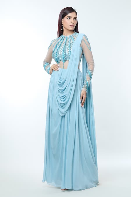 Buy_Vivek Patel_Blue Georgette Sequins, Beads, Cut Cut-work Embellished Pre-draped Saree Gown _Online_at_Aza_Fashions