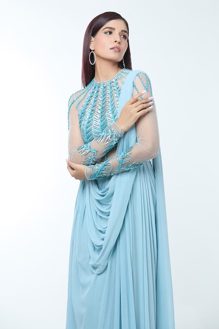 Shop_Vivek Patel_Blue Georgette Sequins, Beads, Cut Cut-work Embellished Pre-draped Saree Gown _Online_at_Aza_Fashions
