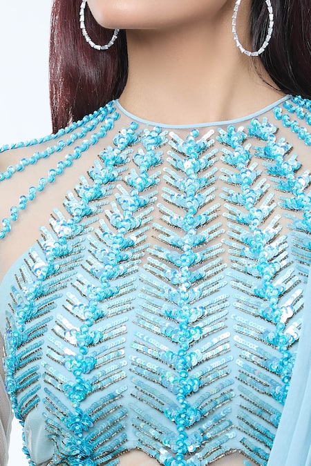 Vivek Patel_Blue Georgette Sequins, Beads, Cut Cut-work Embellished Pre-draped Saree Gown _at_Aza_Fashions