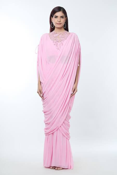 Vivek Patel Pink Georgette Beads Round Neck 3d Floral Embellished Saree Gown Online at Aza Fashions Vivek Patel_Pink Georgette Beads Round Neck 3d Floral Embellished Saree Gown _Online_at_Aza_Fashions