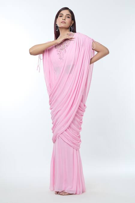 Buy Vivek Patel Pink Georgette Beads Round Neck 3d Floral Embellished Saree Gown Online at Aza Fashions Buy_Vivek Patel_Pink Georgette Beads Round Neck 3d Floral Embellished Saree Gown _Online_at_Aza_Fashions