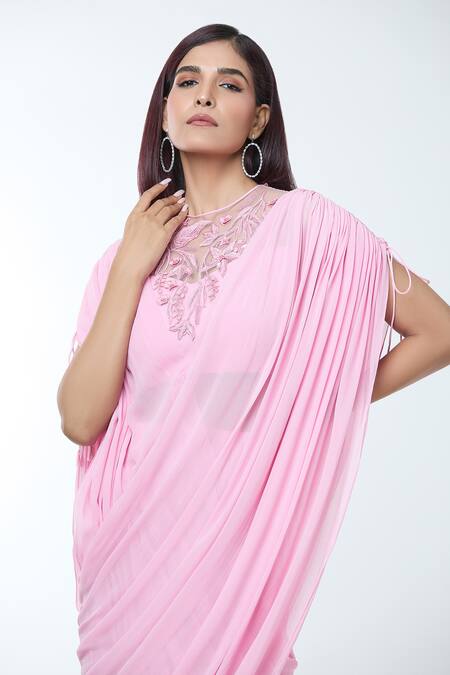Shop Vivek Patel Pink Georgette Beads Round Neck 3d Floral Embellished Saree Gown Online at Aza Fashions Shop_Vivek Patel_Pink Georgette Beads Round Neck 3d Floral Embellished Saree Gown _Online_at_Aza_Fashions