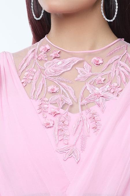 Vivek Patel Pink Georgette Beads Round Neck 3d Floral Embellished Saree Gown at Aza Fashions Vivek Patel_Pink Georgette Beads Round Neck 3d Floral Embellished Saree Gown _at_Aza_Fashions