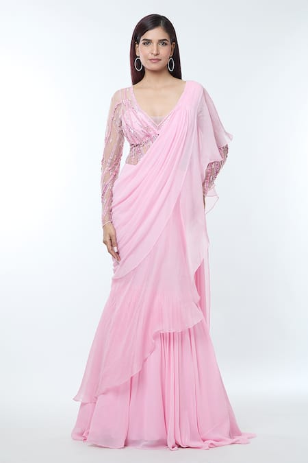 Vivek Patel_Pink Georgette, Silk Organza Sequins, 3d Embellished Pre-draped Saree Gown _Online_at_Aza_Fashions