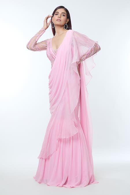 Buy_Vivek Patel_Pink Georgette, Silk Organza Sequins, 3d Embellished Pre-draped Saree Gown _Online_at_Aza_Fashions