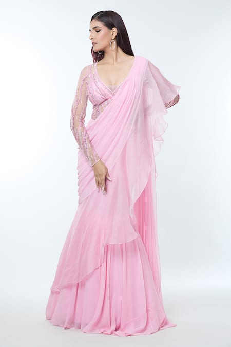 Shop_Vivek Patel_Pink Georgette, Silk Organza Sequins, 3d Embellished Pre-draped Saree Gown _Online_at_Aza_Fashions
