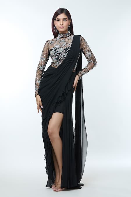 Vivek Patel Black Georgette Embellished Pearl High Sequin Pre-draped Saree Gown 