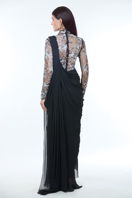 Vivek Patel Black Sequin Embellished Pre-Draped Saree Gown 