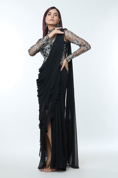 Buy_Vivek Patel_Black Georgette Pearls, Sequins High Neck Embellished Pre-draped Saree Gown _Online_at_Aza_Fashions