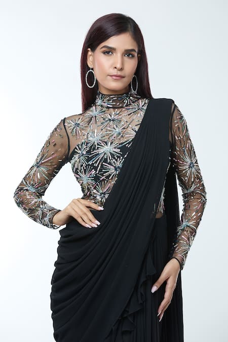 Shop_Vivek Patel_Black Georgette Pearls, Sequins High Neck Embellished Pre-draped Saree Gown _Online_at_Aza_Fashions