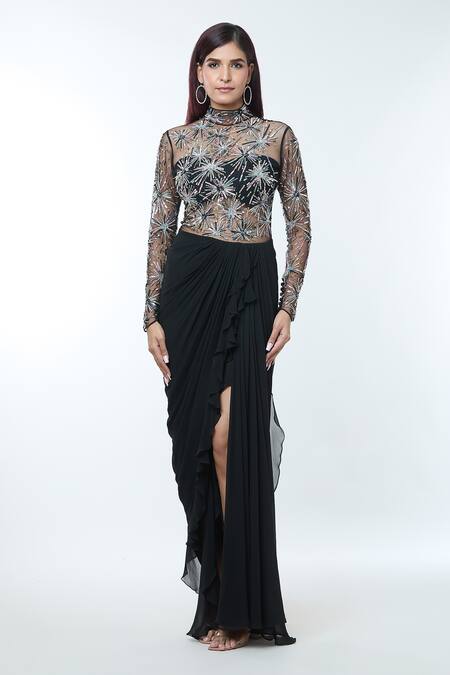 Vivek Patel_Black Georgette Pearls, Sequins High Neck Embellished Pre-draped Saree Gown _at_Aza_Fashions