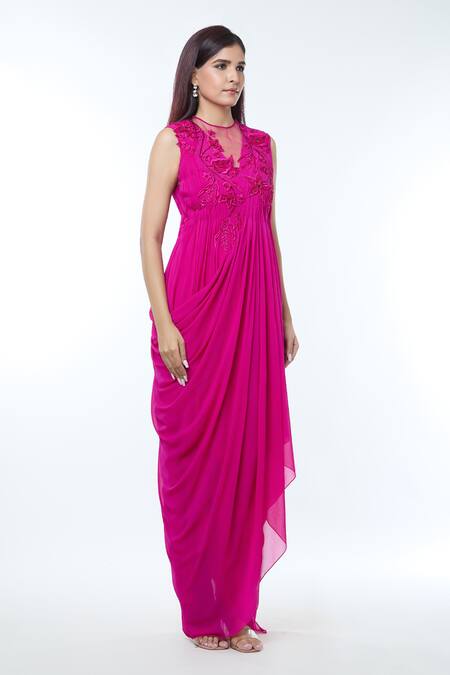 Vivek Patel_Fuchsia Georgette Beads High Neck 3d Floral Embellished Draped Gown _Online_at_Aza_Fashions