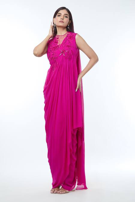 Buy_Vivek Patel_Fuchsia Georgette Beads High Neck 3d Floral Embellished Draped Gown _Online_at_Aza_Fashions