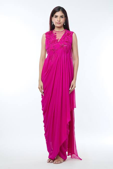 Vivek Patel_Fuchsia Georgette Beads High Neck 3d Floral Embellished Draped Gown _at_Aza_Fashions