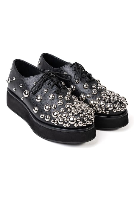 Jeetinder Sandhu Black Metal Studs Leather Embellished Shoes 