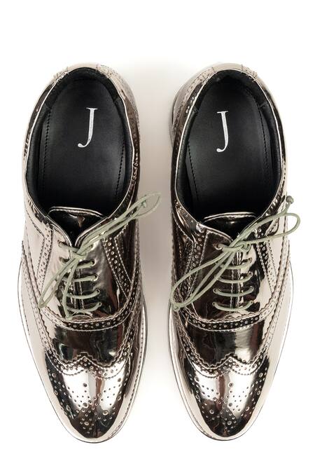 Buy_Jeetinder Sandhu_Grey Rexine Brogue Cutwork Pattern Shoes _Online_at_Aza_Fashions