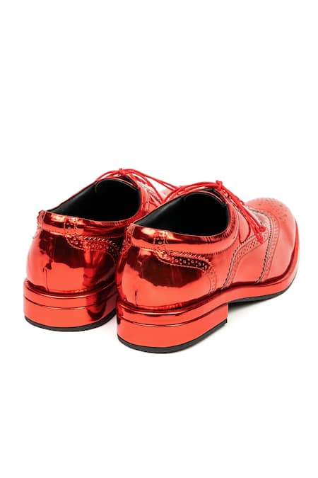 Jeetinder Sandhu_Red Rexine Brogue Cutwork Shoes_Online_at_Aza_Fashions