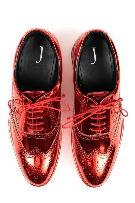 Buy_Jeetinder Sandhu_Red Rexine Brogue Cutwork Shoes_Online_at_Aza_Fashions