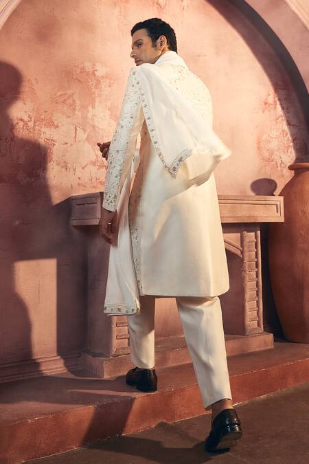Shop Aariyana Couture Off White Viscose, Satin Pearls, Embroidery Floral Sherwani Set at Aza Fashions Shop_Aariyana Couture_Off White Viscose, Satin Pearls, Embroidery Floral Sherwani Set_at_Aza_Fashions