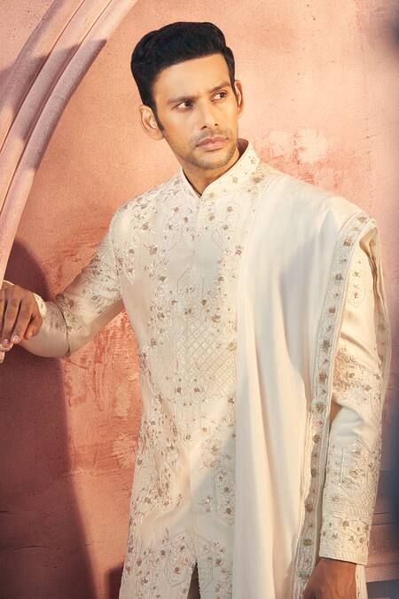 Buy Aariyana Couture Off White Viscose, Satin Pearls, Embroidery Floral Sherwani Set Online at Aza Fashions Buy_Aariyana Couture_Off White Viscose, Satin Pearls, Embroidery Floral Sherwani Set_Online_at_Aza_Fashions