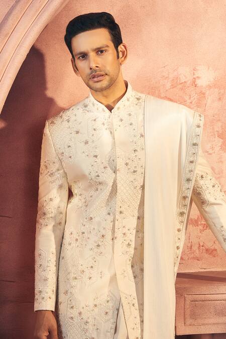 Shop Aariyana Couture Off White Viscose, Satin Pearls, Embroidery Floral Sherwani Set Online at Aza Fashions Shop_Aariyana Couture_Off White Viscose, Satin Pearls, Embroidery Floral Sherwani Set_Online_at_Aza_Fashions