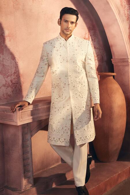 Buy Aariyana Couture Off White Viscose, Satin Pearls, Embroidery Floral Sherwani Set Buy_Aariyana Couture_Off White Viscose, Satin Pearls, Embroidery Floral Sherwani Set