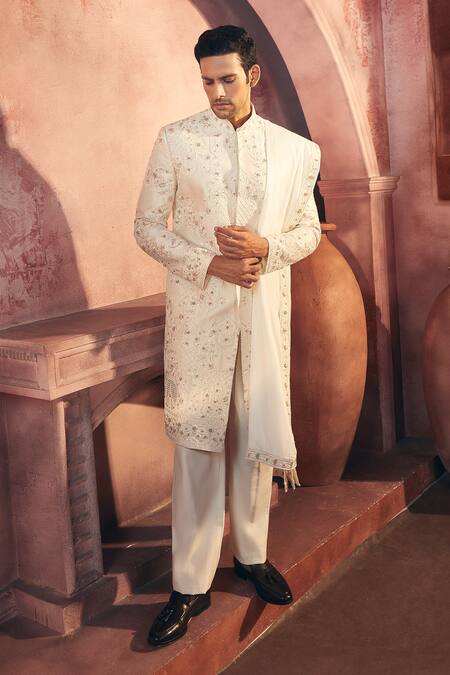 Shop Aariyana Couture Off White Viscose, Satin Pearls, Embroidery Floral Sherwani Set Shop_Aariyana Couture_Off White Viscose, Satin Pearls, Embroidery Floral Sherwani Set