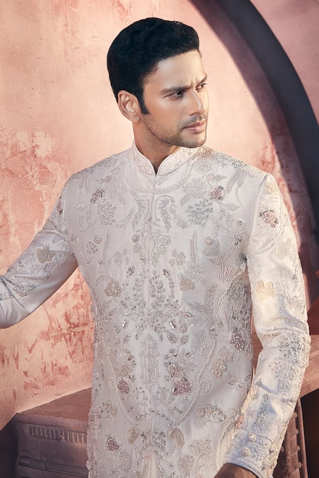 Aariyana Couture_Pink Silk, Satin Embroidery Floral Sequin Sherwani And Pant Set_Online_at_Aza_Fashions