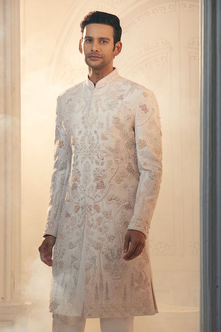 Shop_Aariyana Couture_Pink Silk, Satin Embroidery Floral Sequin Sherwani And Pant Set_Online_at_Aza_Fashions