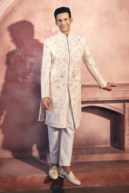 Aariyana Couture_Pink Silk, Satin Embroidery Floral Sequin Sherwani And Pant Set_at_Aza_Fashions