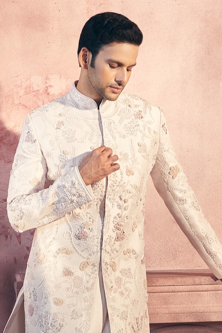 Buy_Aariyana Couture_Pink Silk, Satin Embroidery Floral Sequin Sherwani And Pant Set
