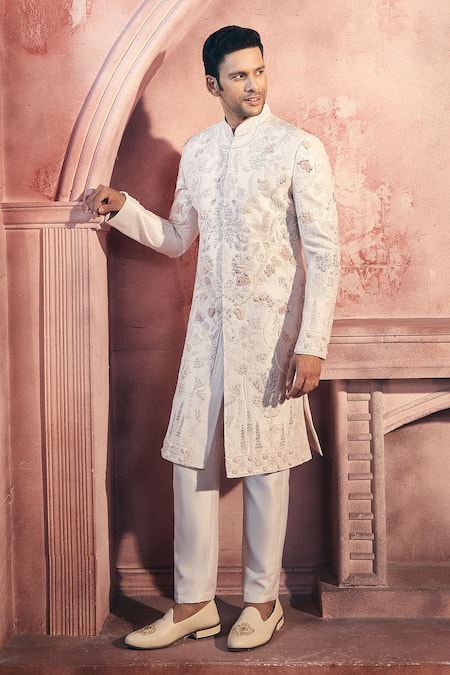 Shop_Aariyana Couture_Pink Silk, Satin Embroidery Floral Sequin Sherwani And Pant Set