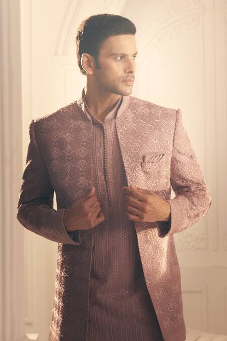 Aariyana Couture_Purple , , Embroidery Thread Sherwani Jacket Set_at_Aza_Fashions