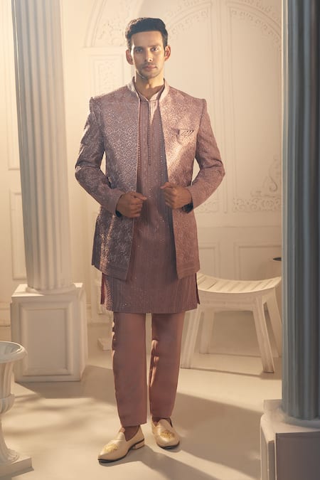 Shop_Aariyana Couture_Purple , , Embroidery Thread Sherwani Jacket Set
