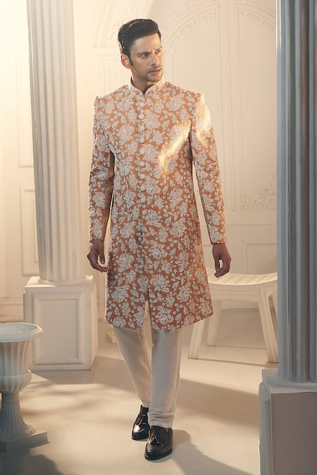 Alaya Advani Orange Sherwani Pure Organza Embroidered Thread Floral And Pant Set 