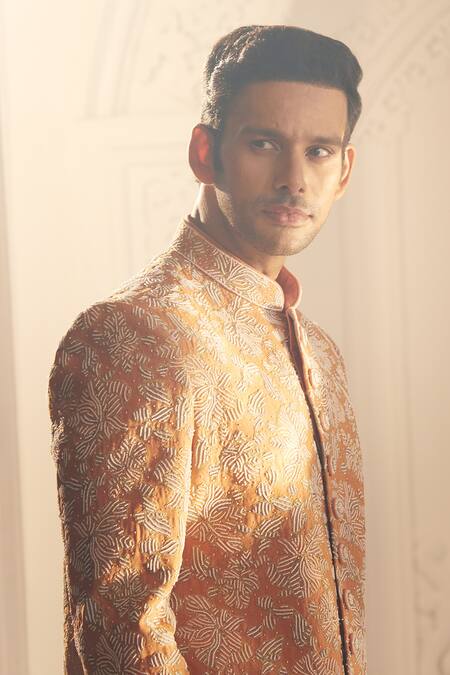 Aariyana Couture_Orange Silk, Organza Embroidery Floral Sherwani And Pant Set_Online_at_Aza_Fashions