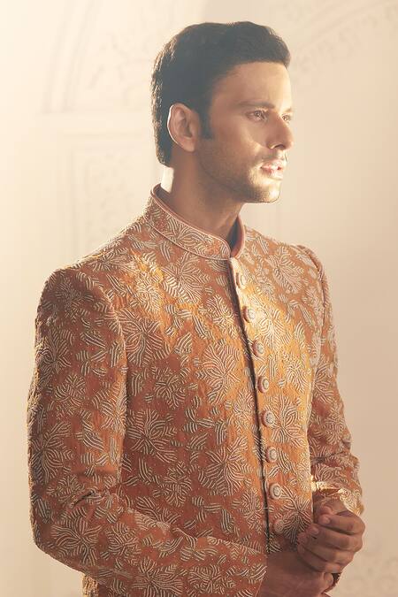 Buy_Aariyana Couture_Orange Silk, Organza Embroidery Floral Sherwani And Pant Set_Online_at_Aza_Fashions